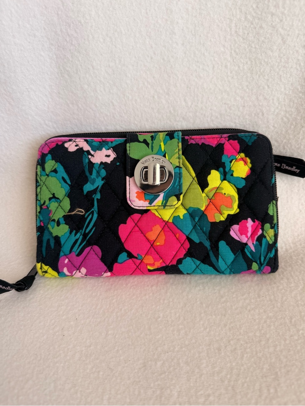 Vera Bradley Black Quilted Wallet with Bright Floral Print and Turn-Lock